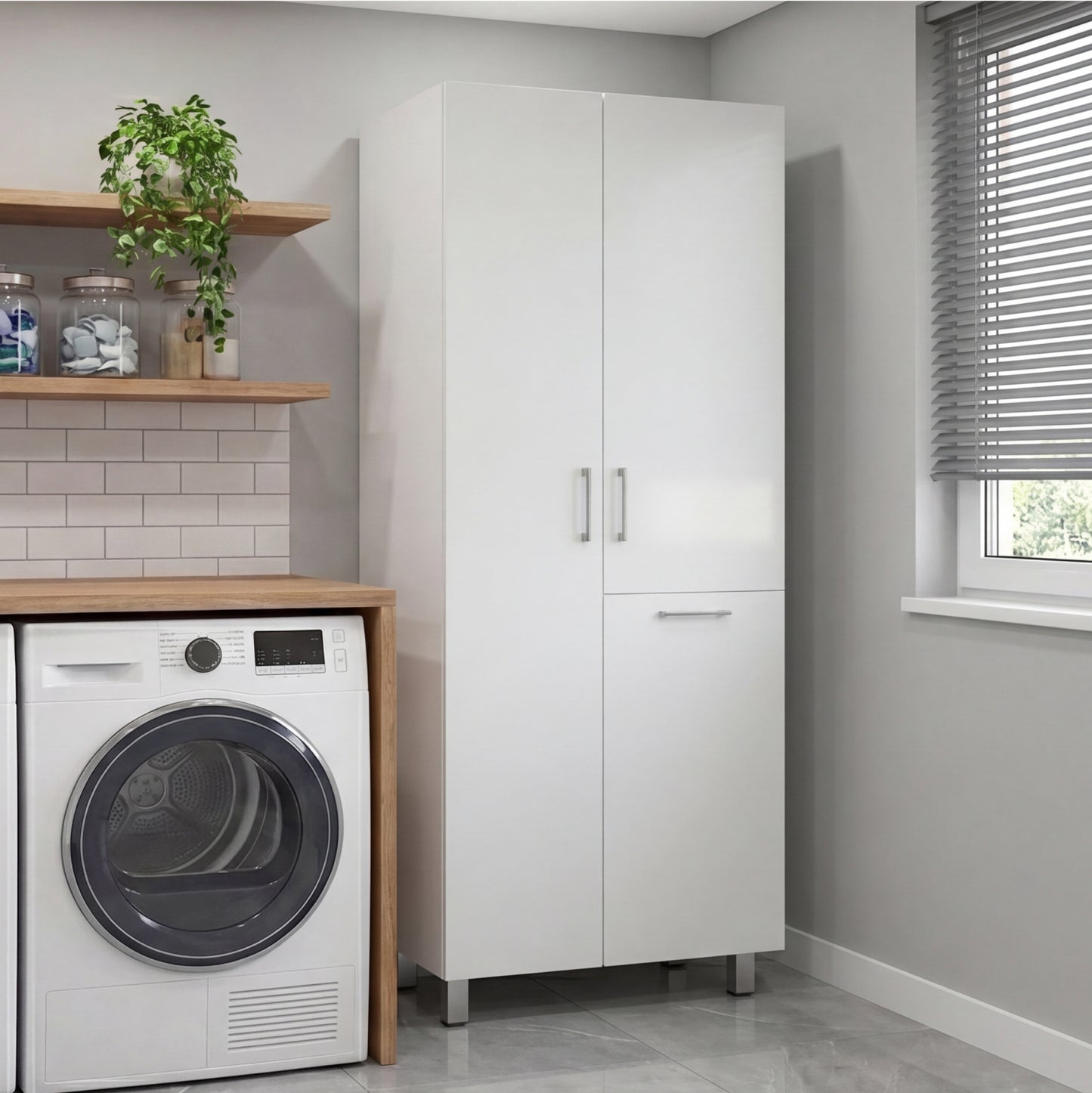 Iris 71" High Two-Door Broom Bathroom and Laundry Storage Cabinet with Hamper, Four Shelves, Hangers, and Storage Closet, Versatile Storage Solution for Laundry Rooms, Kitchens, and Utility Closets