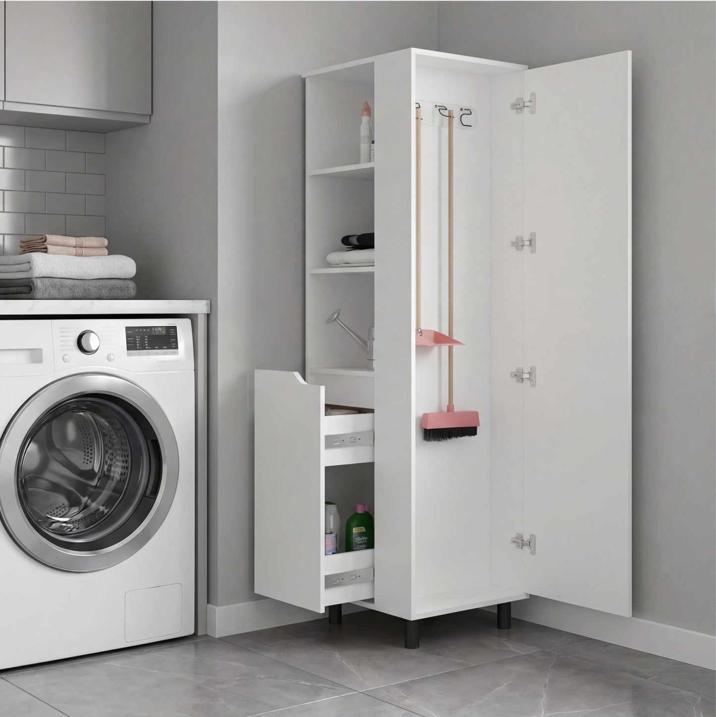 Vidalia Broom Cabinet for Home and Utility Storage, Tall Cleaning Supply Organizer with Enclosed Design for Laundry Room or Kitchen Use, Space-Saving Storage Solution, White Finish