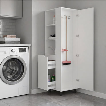 Vidalia Broom Cabinet for Home and Utility Storage, Tall Cleaning Supply Organizer with Enclosed Design for Laundry Room or Kitchen Use, Space-Saving Storage Solution, White Finish