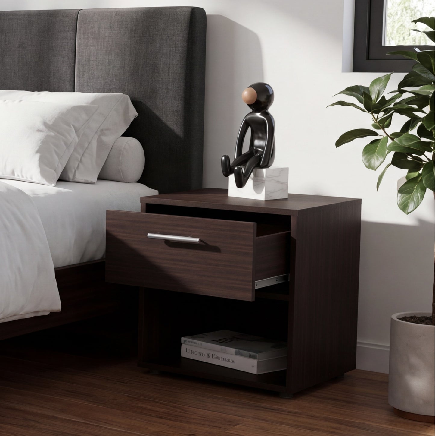 Alpine 18" High One Drawer Nightstand with Open Shelf, Compact Bedside Table and Modern Side Table for Bedroom or Living Room Storage, Minimalist End Table with Functional Design and Practical Everyday Organization