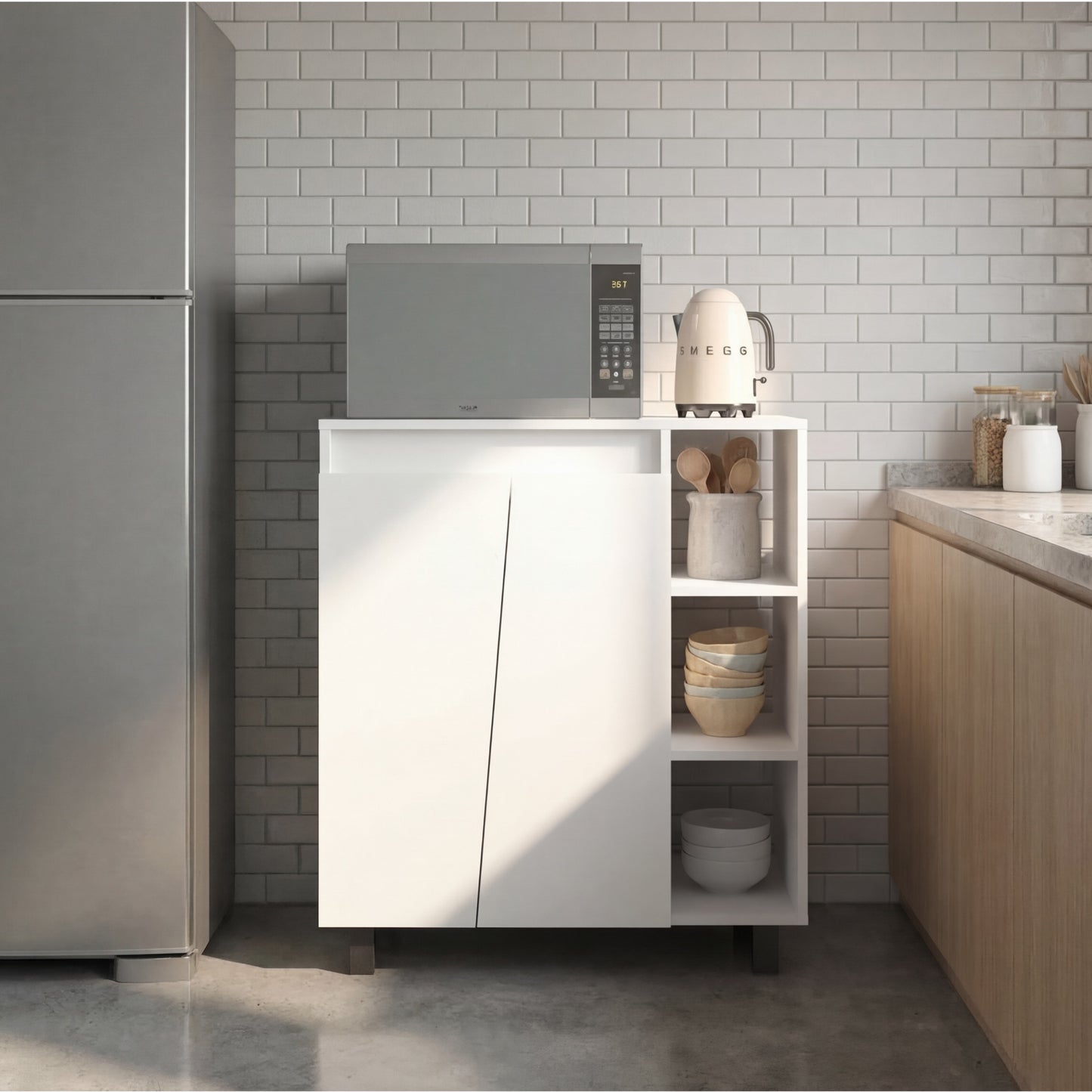 Cesna Microwave Sideboard Cabinet, Cesna Microwave Sideboard Cabinet, Freestanding Compact Kitchen Pantry with Two-Door Cabinet Storage, Three Side Open Shelves and, Appliance Surface