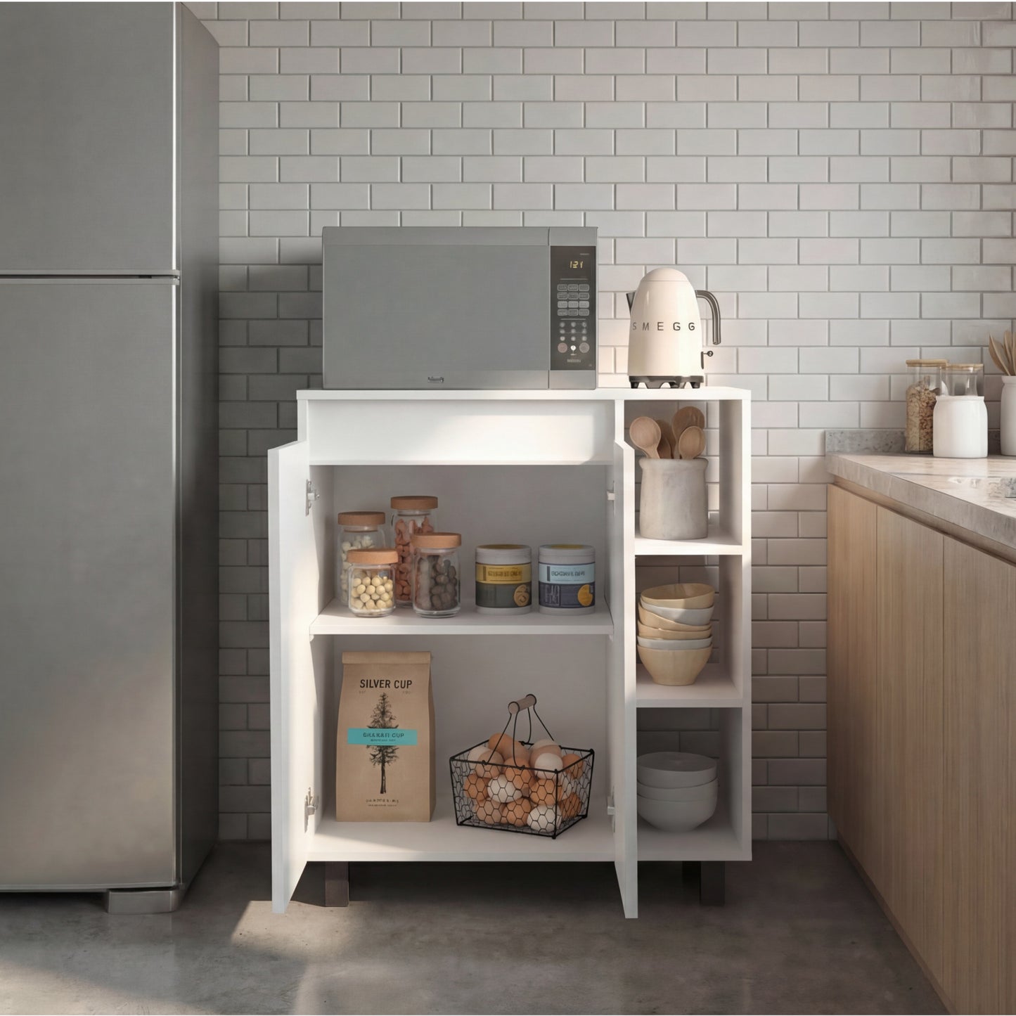 Cesna Microwave Sideboard Cabinet, Cesna Microwave Sideboard Cabinet, Freestanding Compact Kitchen Pantry with Two-Door Cabinet Storage, Three Side Open Shelves and, Appliance Surface