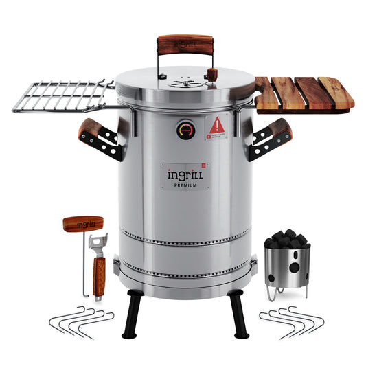 3-in-1 Stainless Steel Smoker Barrel Grill – Portable Charcoal BBQ with Thermometer, Outdoor Cooking Smoker for Camping, Backyard & Home BBQ INGRILL