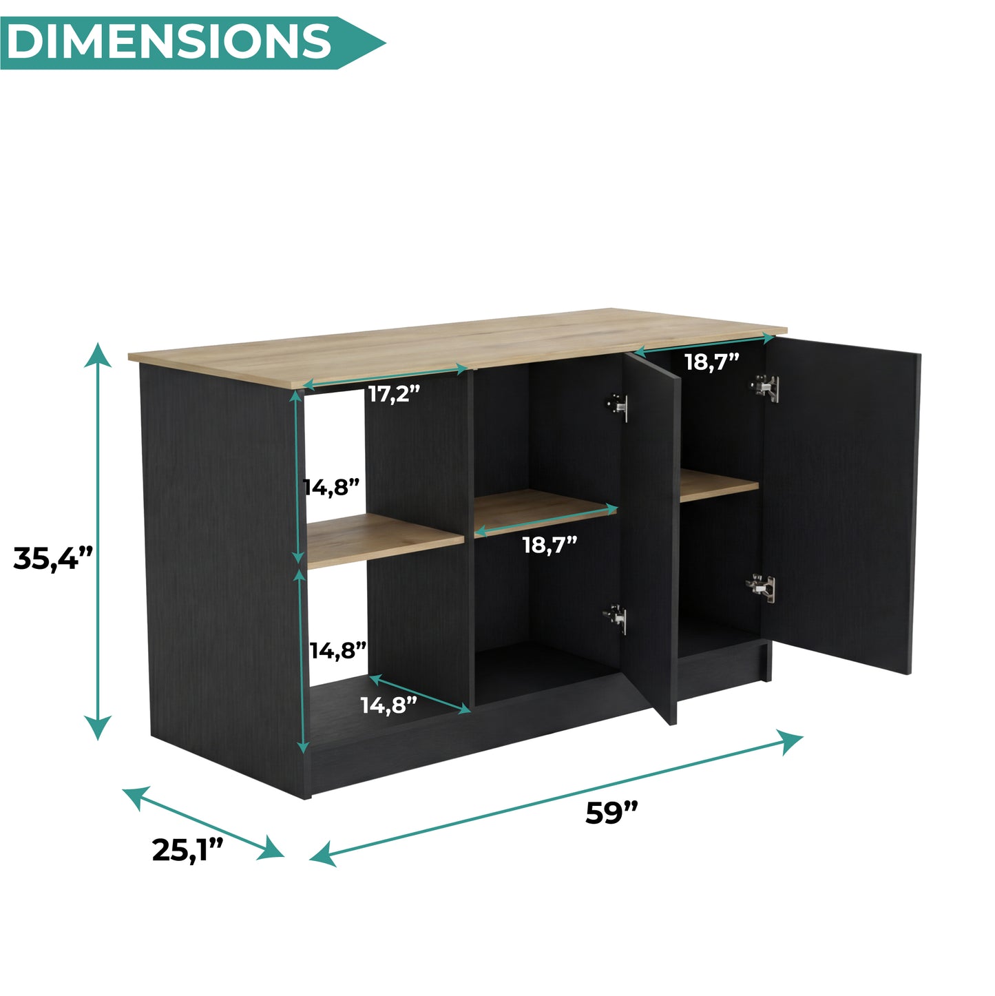 TUHOME Juniper Kitchen Island with Large Top Surface, Double Door Cabinet, Inner Shelves and Open Side Storage Offering Expansive Meal Prep Space, Modern Organization Solutions and Durable Construction for Everyday Kitchens