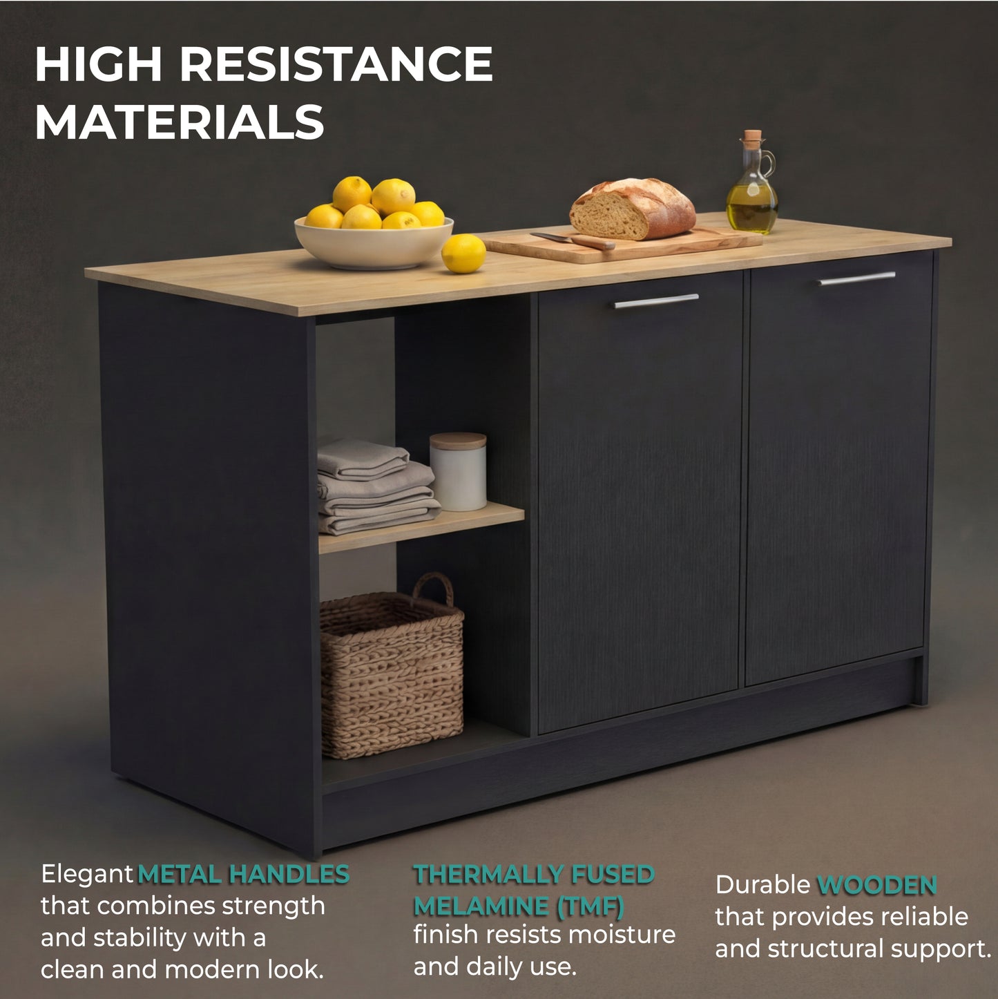 TUHOME Juniper Kitchen Island with Large Top Surface, Double Door Cabinet, Inner Shelves and Open Side Storage Offering Expansive Meal Prep Space, Modern Organization Solutions and Durable Construction for Everyday Kitchens