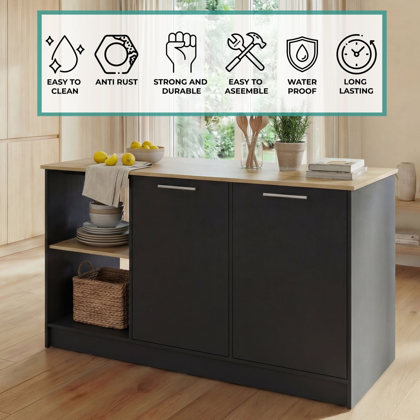 TUHOME Juniper Kitchen Island with Large Top Surface, Double Door Cabinet, Inner Shelves and Open Side Storage Offering Expansive Meal Prep Space, Modern Organization Solutions and Durable Construction for Everyday Kitchens