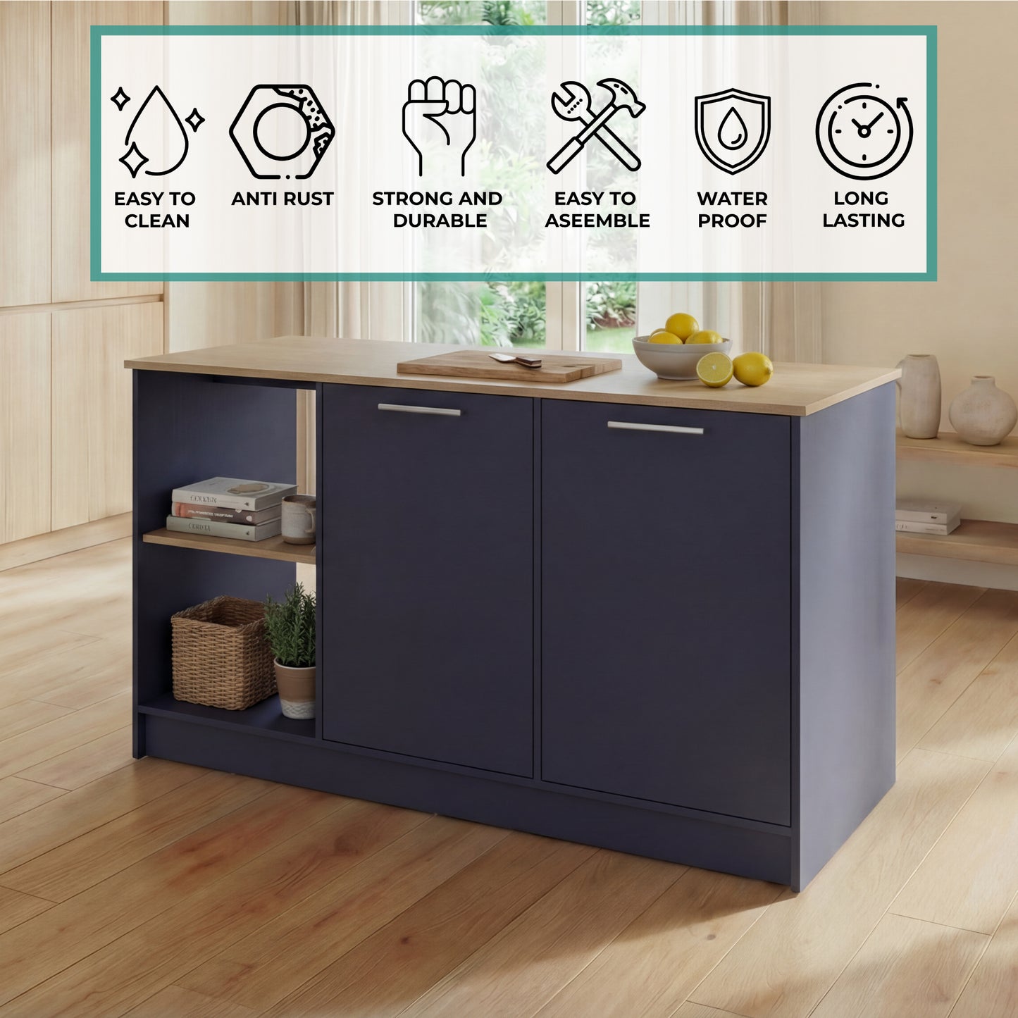 TUHOME Juniper Kitchen Island with Large Top Surface, Double Door Cabinet, Inner Shelves and Open Side Storage Offering Expansive Meal Prep Space, Modern Organization Solutions and Durable Construction for Everyday Kitchens