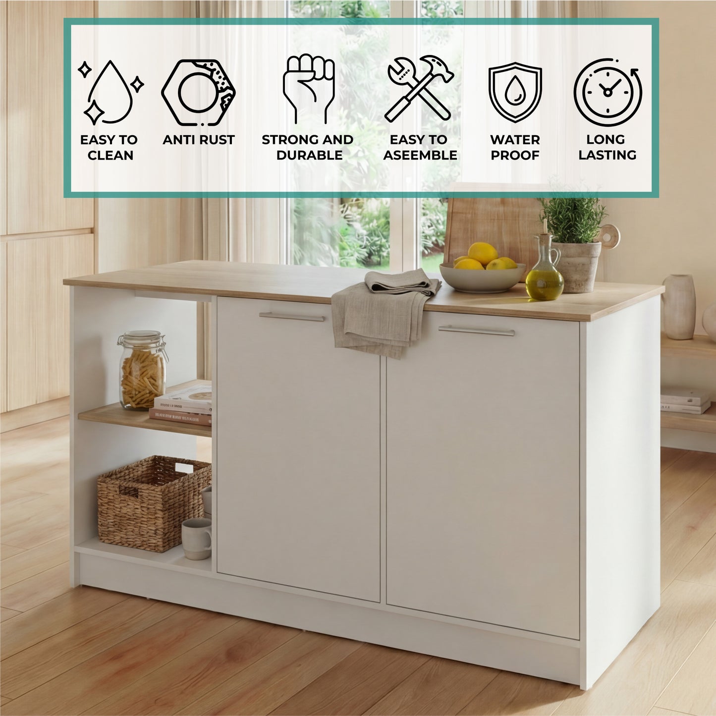 TUHOME Juniper Kitchen Island with Large Top Surface, Double Door Cabinet, Inner Shelves and Open Side Storage Offering Expansive Meal Prep Space, Modern Organization Solutions and Durable Construction for Everyday Kitchens