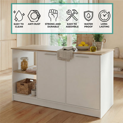 TUHOME Juniper Kitchen Island with Large Top Surface, Double Door Cabinet, Inner Shelves and Open Side Storage Offering Expansive Meal Prep Space, Modern Organization Solutions and Durable Construction for Everyday Kitchens