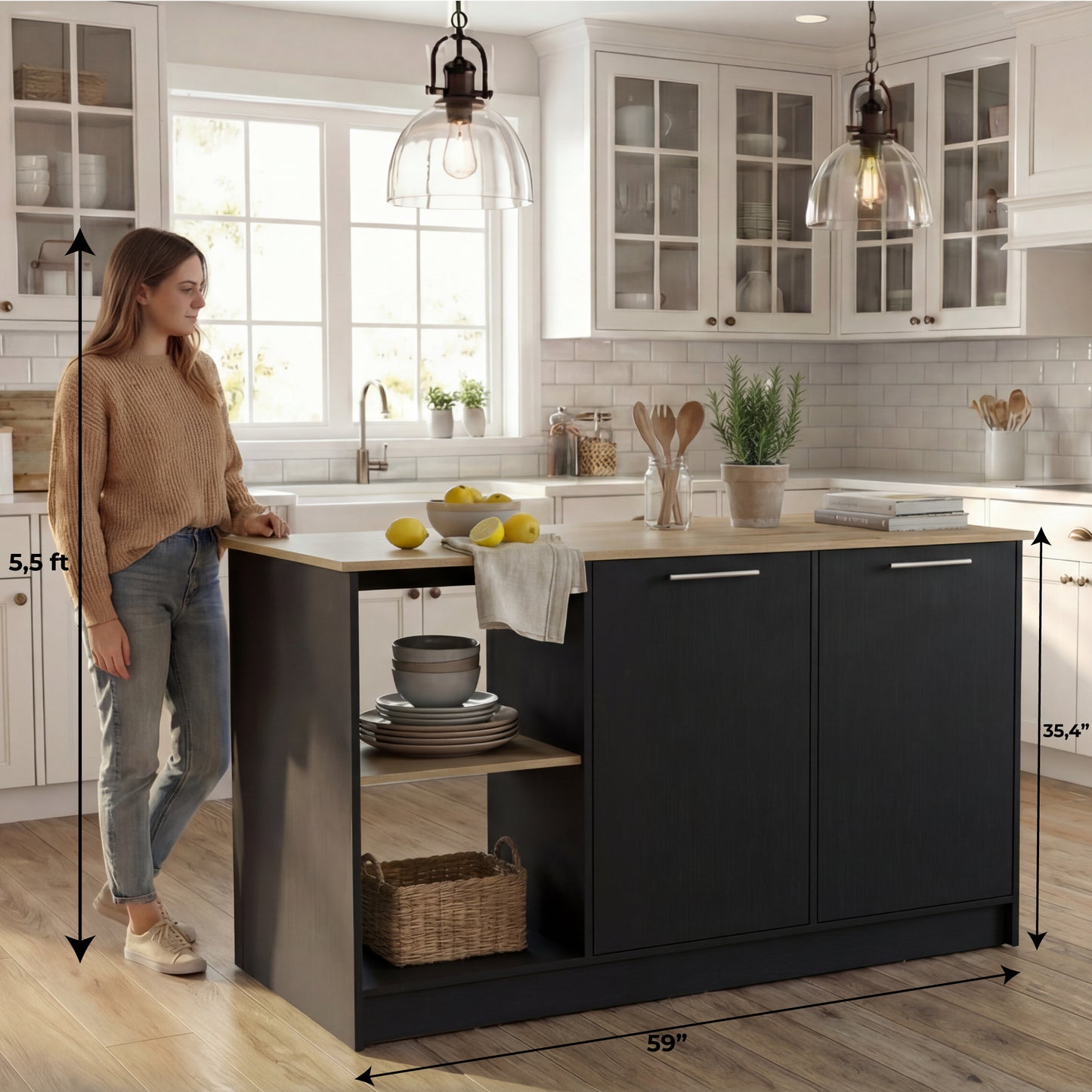 TUHOME Juniper Kitchen Island with Large Top Surface, Double Door Cabinet, Inner Shelves and Open Side Storage Offering Expansive Meal Prep Space, Modern Organization Solutions and Durable Construction for Everyday Kitchens