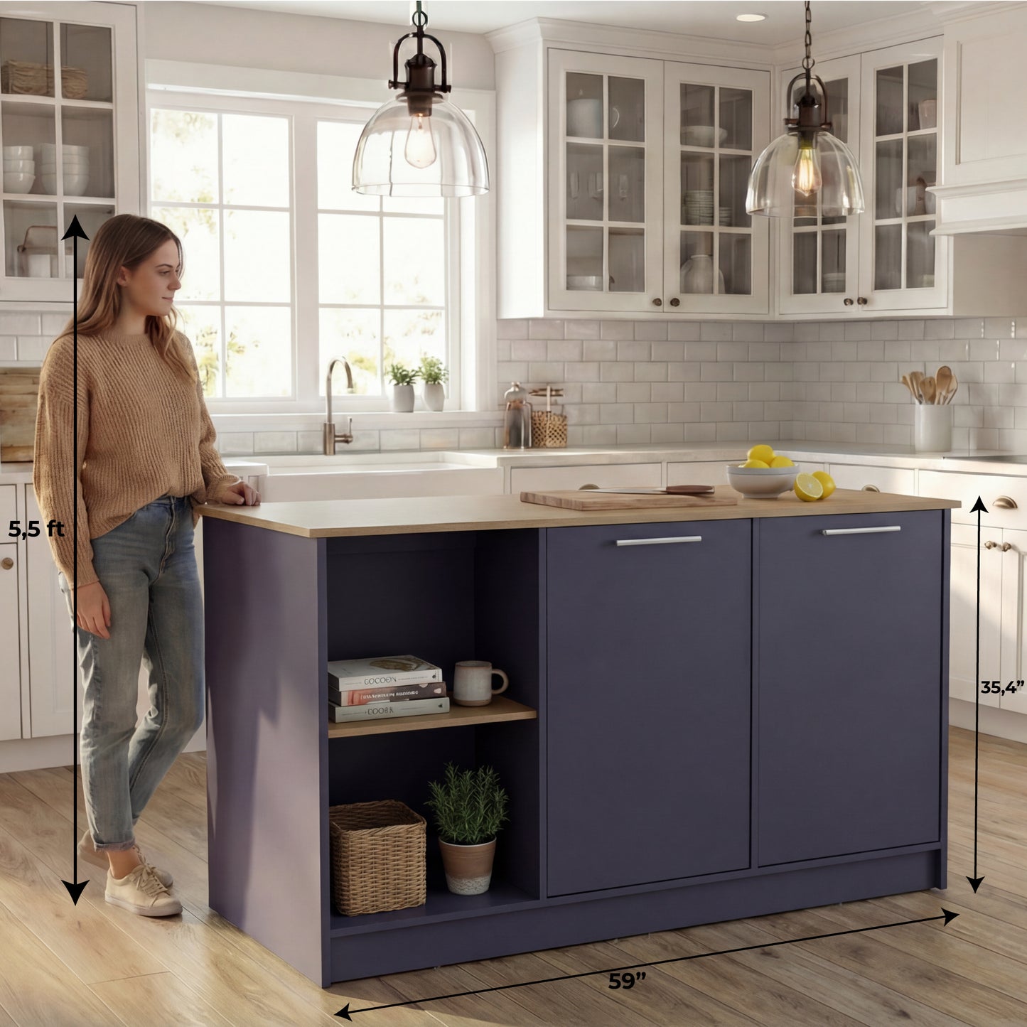 TUHOME Juniper Kitchen Island with Large Top Surface, Double Door Cabinet, Inner Shelves and Open Side Storage Offering Expansive Meal Prep Space, Modern Organization Solutions and Durable Construction for Everyday Kitchens