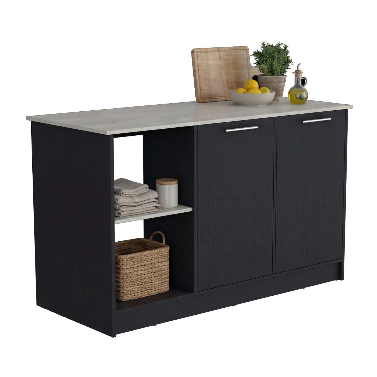 TUHOME Juniper Kitchen Island with Large Top Surface, Double Door Cabinet, Inner Shelves and Open Side Storage Offering Expansive Meal Prep Space, Modern Organization Solutions and Durable Construction for Everyday Kitchens