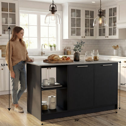 TUHOME Juniper Kitchen Island with Large Top Surface, Double Door Cabinet, Inner Shelves and Open Side Storage Offering Expansive Meal Prep Space, Modern Organization Solutions and Durable Construction for Everyday Kitchens