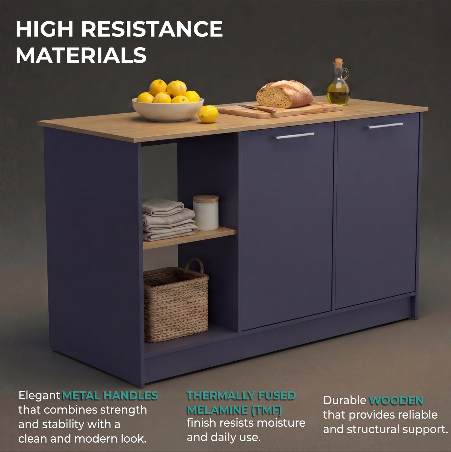 TUHOME Juniper Kitchen Island with Large Top Surface, Double Door Cabinet, Inner Shelves and Open Side Storage Offering Expansive Meal Prep Space, Modern Organization Solutions and Durable Construction for Everyday Kitchens