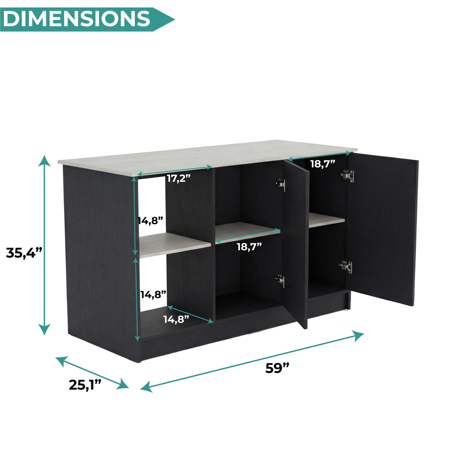 TUHOME Juniper Kitchen Island with Large Top Surface, Double Door Cabinet, Inner Shelves and Open Side Storage Offering Expansive Meal Prep Space, Modern Organization Solutions and Durable Construction for Everyday Kitchens