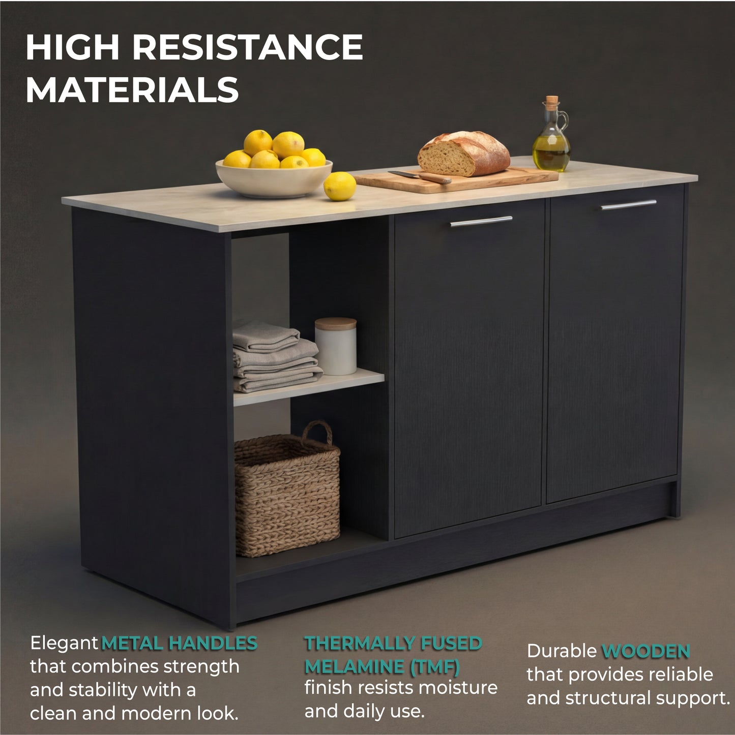 TUHOME Juniper Kitchen Island with Large Top Surface, Double Door Cabinet, Inner Shelves and Open Side Storage Offering Expansive Meal Prep Space, Modern Organization Solutions and Durable Construction for Everyday Kitchens
