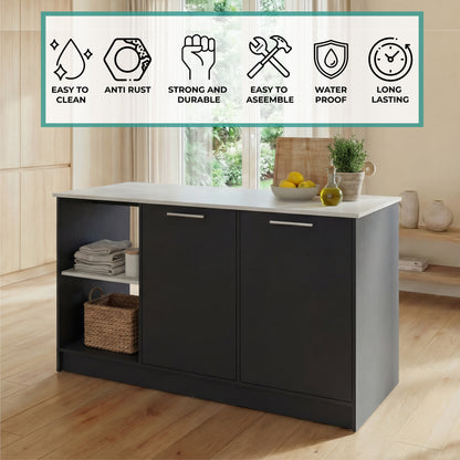 TUHOME Juniper Kitchen Island with Large Top Surface, Double Door Cabinet, Inner Shelves and Open Side Storage Offering Expansive Meal Prep Space, Modern Organization Solutions and Durable Construction for Everyday Kitchens