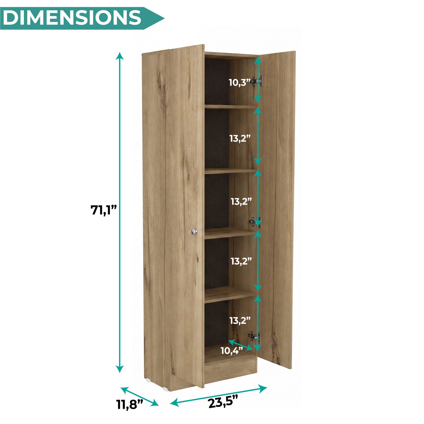 Tuhome Lambardi Tall Multistorage Cabinet with Double Door Design, Five Deep Interior Shelves, Freestanding Vertical Storage Solution for Kitchens, Laundry Rooms, Bedrooms or Utility Areas to Maximize Home Organization