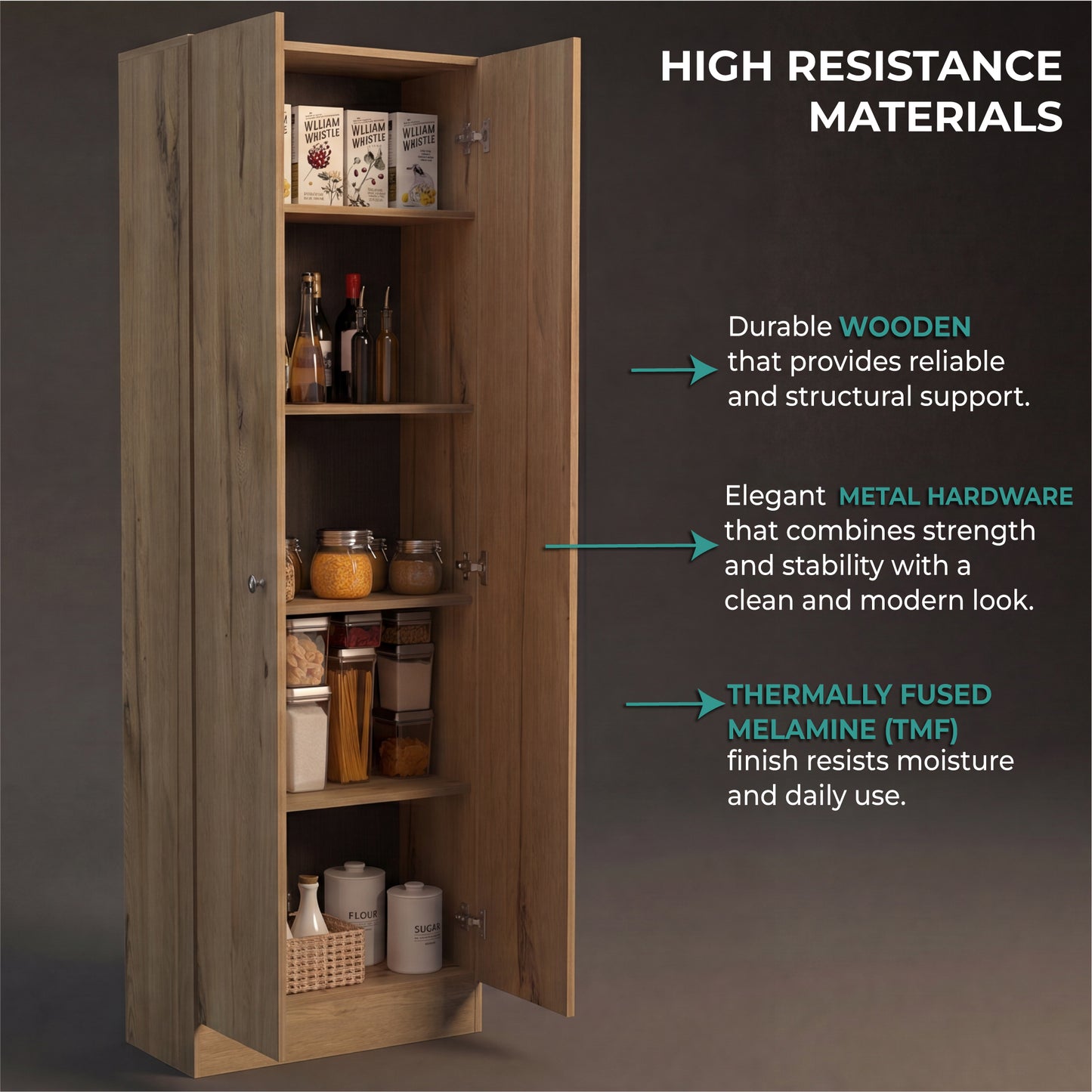Tuhome Lambardi Tall Multistorage Cabinet with Double Door Design, Five Deep Interior Shelves, Freestanding Vertical Storage Solution for Kitchens, Laundry Rooms, Bedrooms or Utility Areas to Maximize Home Organization