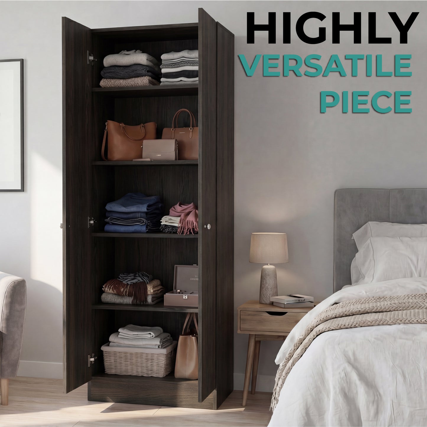 Tuhome Lambardi Tall Multistorage Cabinet with Double Door Design, Five Deep Interior Shelves, Freestanding Vertical Storage Solution for Kitchens, Laundry Rooms, Bedrooms or Utility Areas to Maximize Home Organization