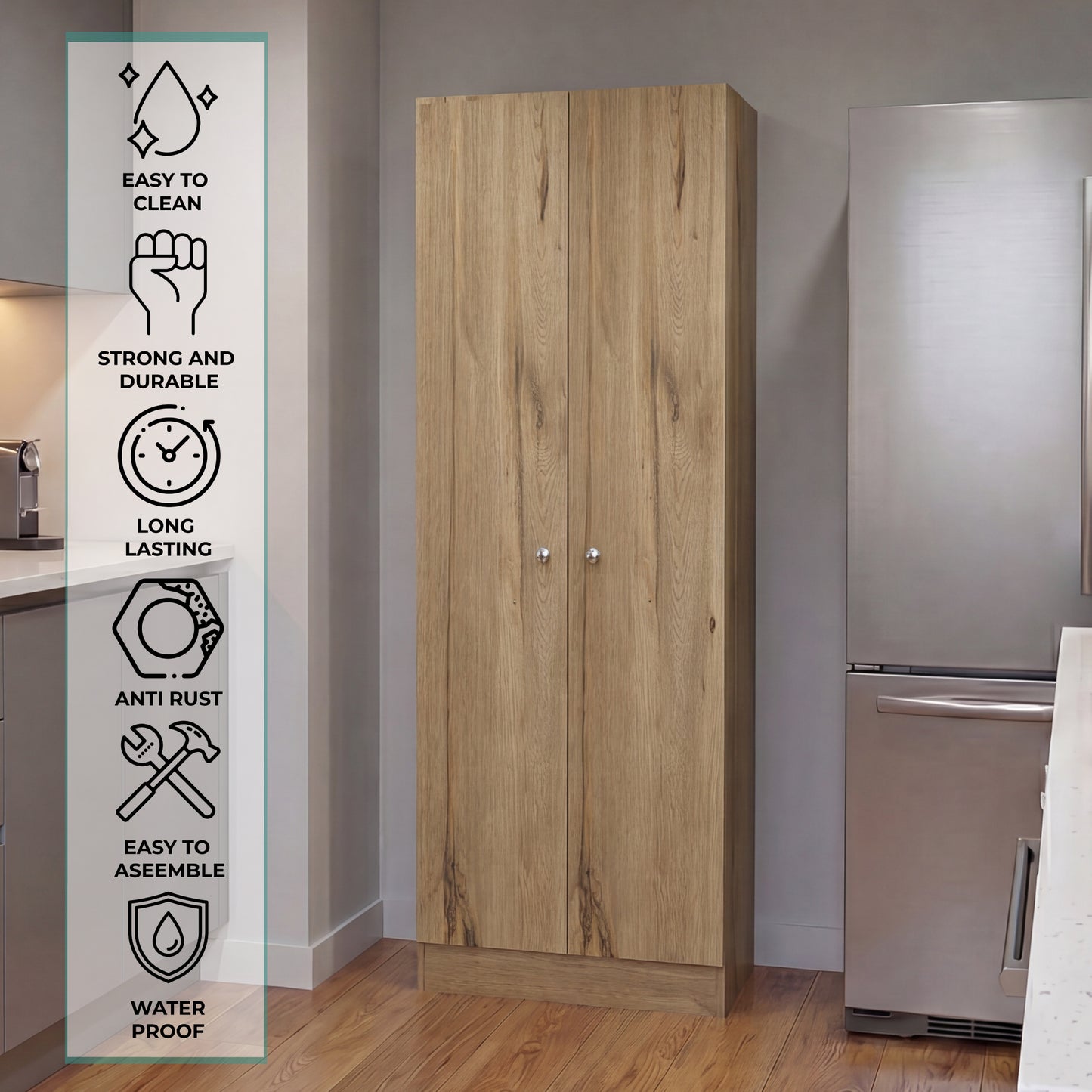 Tuhome Lambardi Tall Multistorage Cabinet with Double Door Design, Five Deep Interior Shelves, Freestanding Vertical Storage Solution for Kitchens, Laundry Rooms, Bedrooms or Utility Areas to Maximize Home Organization