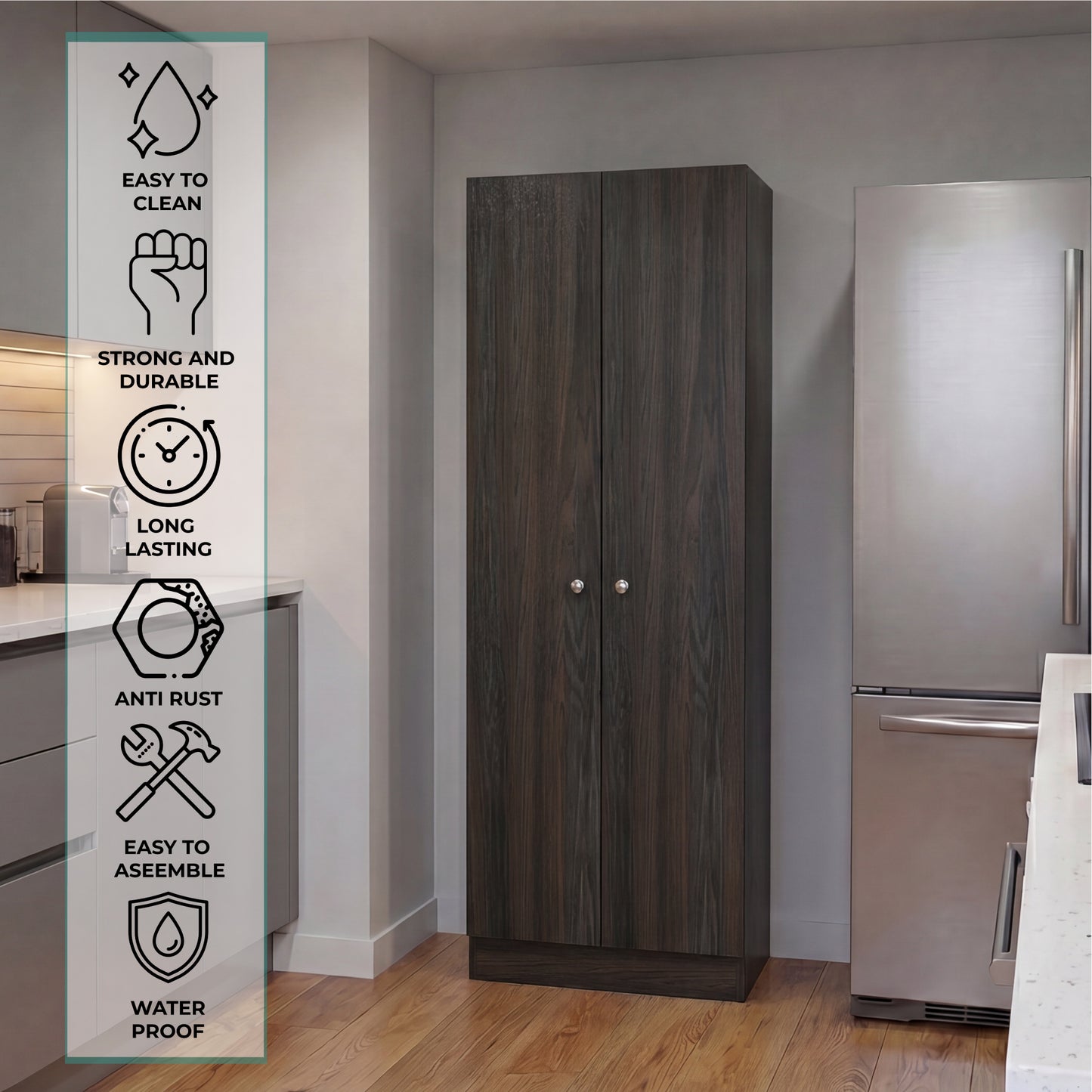 Tuhome Lambardi Tall Multistorage Cabinet with Double Door Design, Five Deep Interior Shelves, Freestanding Vertical Storage Solution for Kitchens, Laundry Rooms, Bedrooms or Utility Areas to Maximize Home Organization