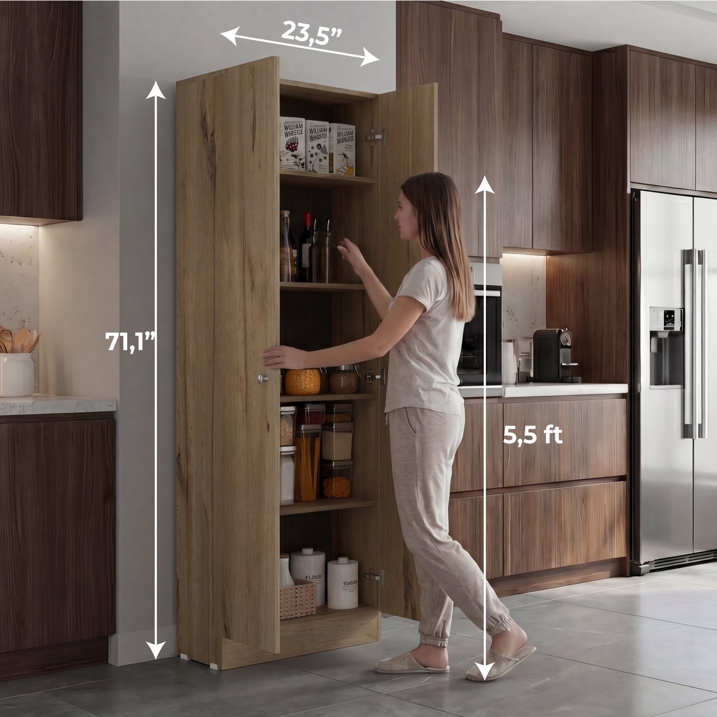 Tuhome Lambardi Tall Multistorage Cabinet with Double Door Design, Five Deep Interior Shelves, Freestanding Vertical Storage Solution for Kitchens, Laundry Rooms, Bedrooms or Utility Areas to Maximize Home Organization