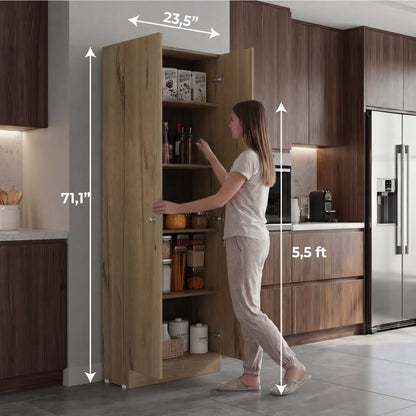 Tuhome Lambardi Tall Multistorage Cabinet with Double Door Design, Five Deep Interior Shelves, Freestanding Vertical Storage Solution for Kitchens, Laundry Rooms, Bedrooms or Utility Areas to Maximize Home Organization