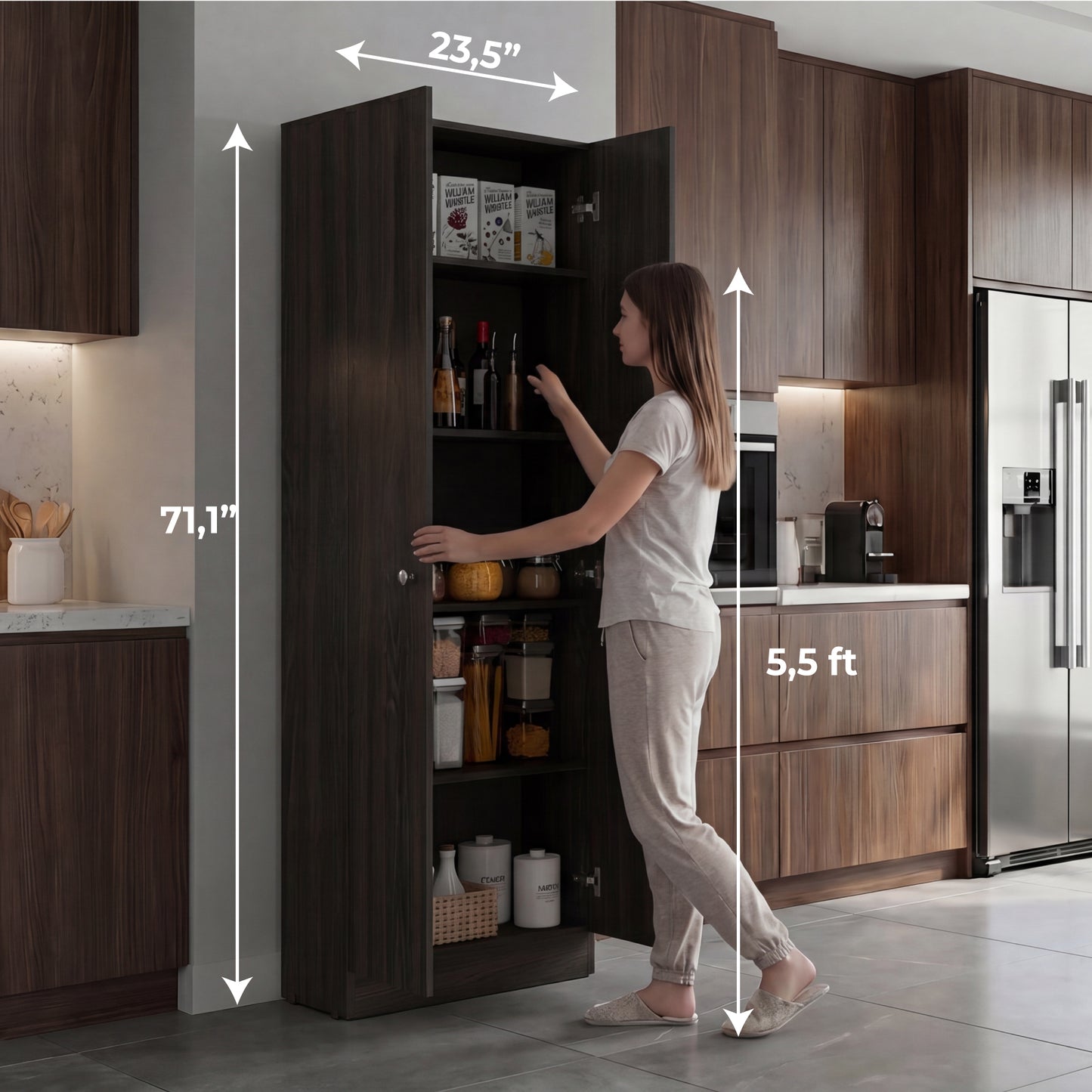 Tuhome Lambardi Tall Multistorage Cabinet with Double Door Design, Five Deep Interior Shelves, Freestanding Vertical Storage Solution for Kitchens, Laundry Rooms, Bedrooms or Utility Areas to Maximize Home Organization
