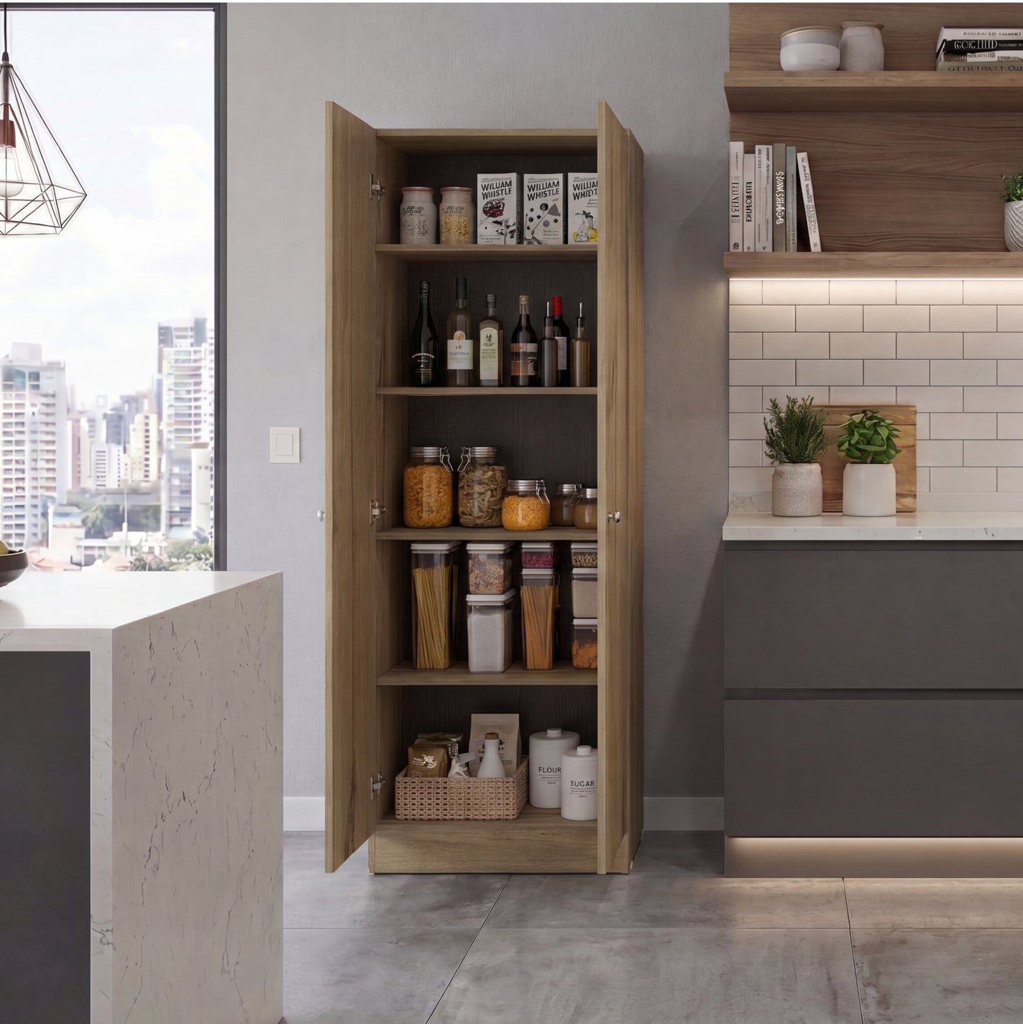 Tuhome Lambardi Tall Multistorage Cabinet with Double Door Design, Five Deep Interior Shelves, Freestanding Vertical Storage Solution for Kitchens, Laundry Rooms, Bedrooms or Utility Areas to Maximize Home Organization