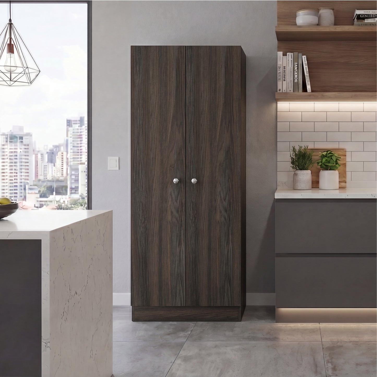Tuhome Lambardi Tall Multistorage Cabinet with Double Door Design, Five Deep Interior Shelves, Freestanding Vertical Storage Solution for Kitchens, Laundry Rooms, Bedrooms or Utility Areas to Maximize Home Organization