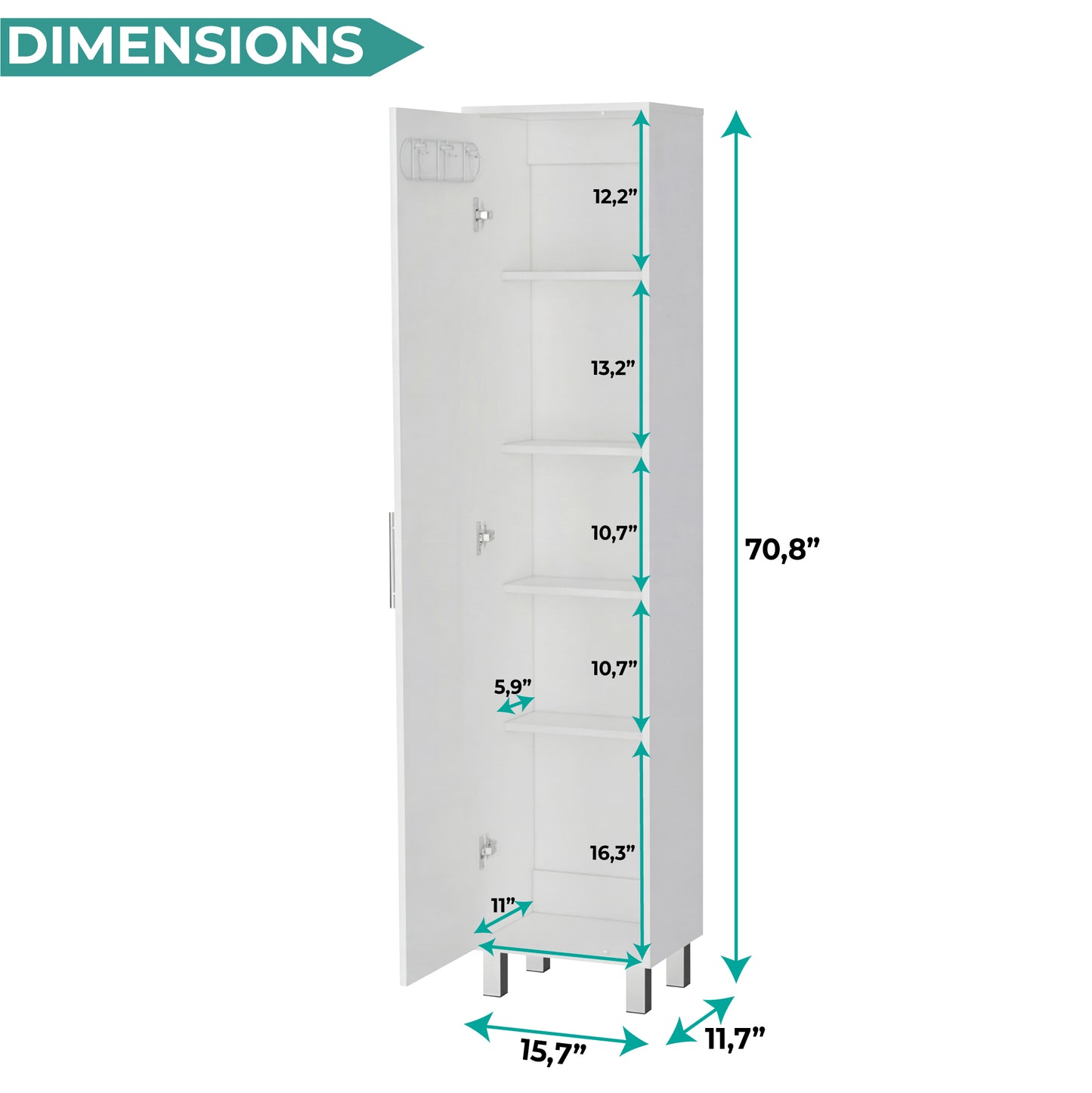 Tuhome Laska 70" Tall Storage Cabinet with Wide Door, Four Interior Shelves, Integrated Broom Hangers, Metal Handle and Sturdy Legs, Space-Saving Multi-Purpose Broom Closet for Home Organization