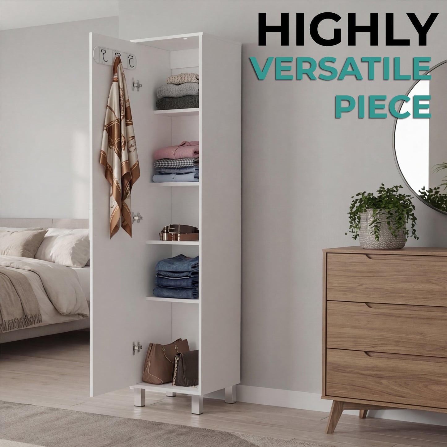 Tuhome Laska 70" Tall Storage Cabinet with Wide Door, Four Interior Shelves, Integrated Broom Hangers, Metal Handle and Sturdy Legs, Space-Saving Multi-Purpose Broom Closet for Home Organization