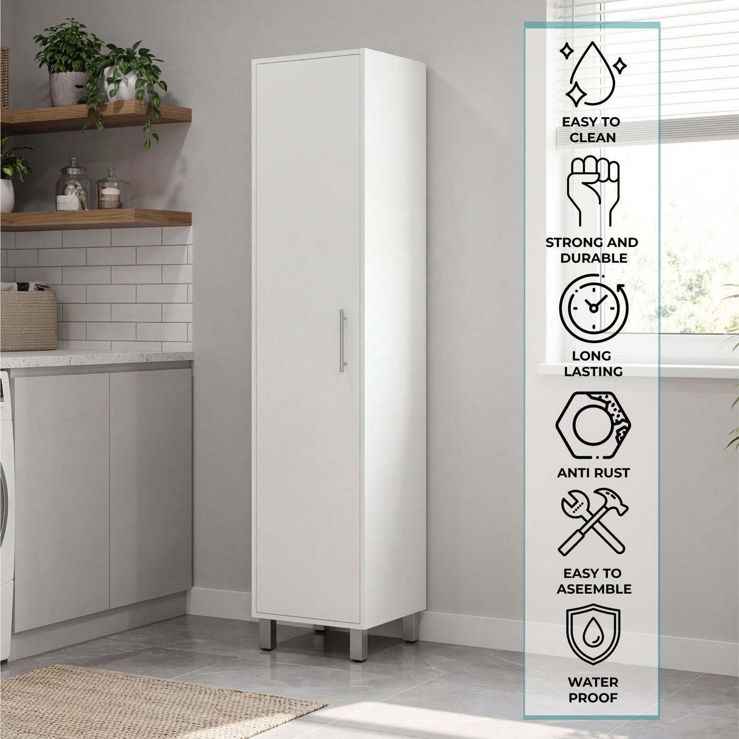 Tuhome Laska 70" Tall Storage Cabinet with Wide Door, Four Interior Shelves, Integrated Broom Hangers, Metal Handle and Sturdy Legs, Space-Saving Multi-Purpose Broom Closet for Home Organization