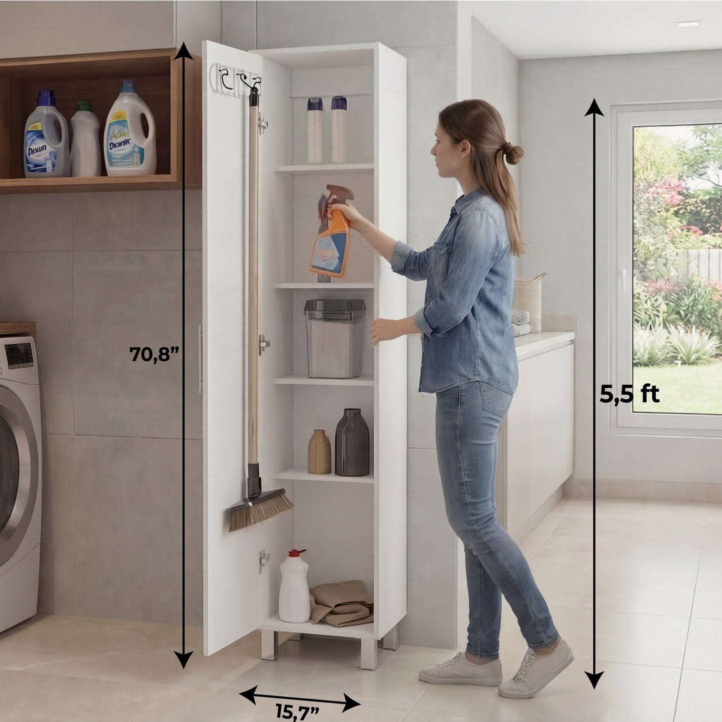 Tuhome Laska 70" Tall Storage Cabinet with Wide Door, Four Interior Shelves, Integrated Broom Hangers, Metal Handle and Sturdy Legs, Space-Saving Multi-Purpose Broom Closet for Home Organization