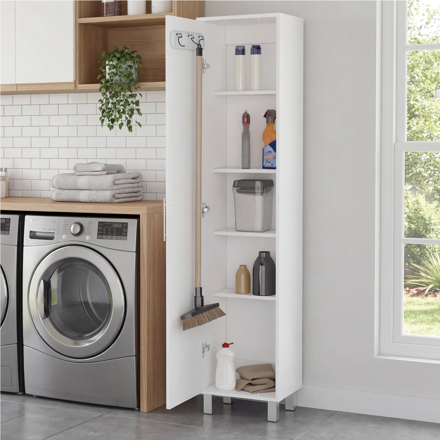 Tuhome Laska 70" Tall Storage Cabinet with Wide Door, Four Interior Shelves, Integrated Broom Hangers, Metal Handle and Sturdy Legs, Space-Saving Multi-Purpose Broom Closet for Home Organization