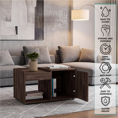 Tuhome Lyon Coffee Table with Single Door Cabinet, Open Lower Shelf, Dual Superior Top Surfaces, Modern Multifunctional Living Room Design for Organized Storage and Everyday Convenience in Contemporary Home Spaces