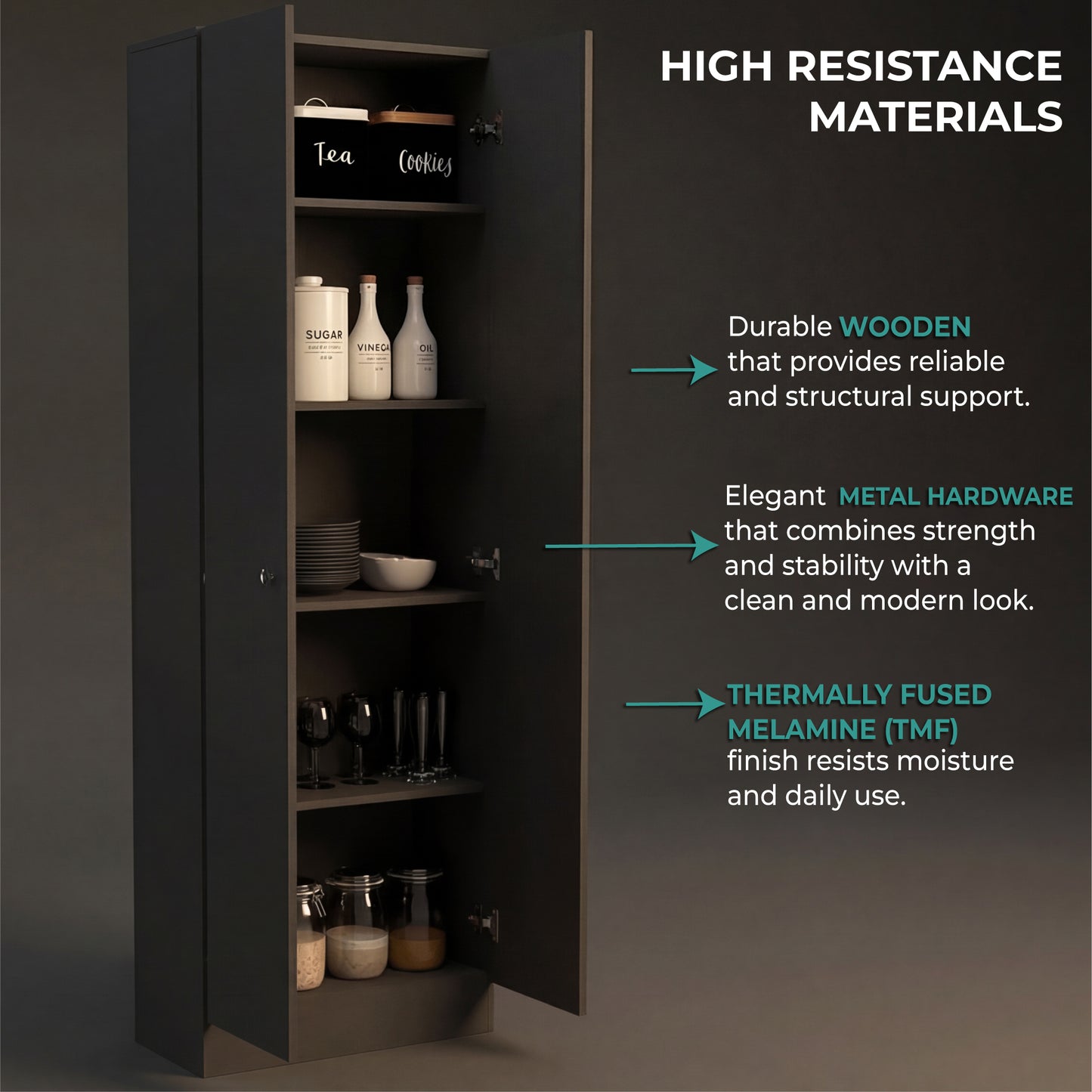 Tuhome Lambardi Tall Multistorage Cabinet with Double Door Design, Five Deep Interior Shelves, Freestanding Vertical Storage Solution for Kitchens, Laundry Rooms, Bedrooms or Utility Areas to Maximize Home Organization