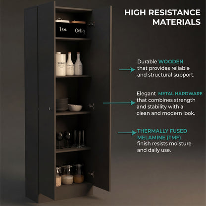 Tuhome Lambardi Tall Multistorage Cabinet with Double Door Design, Five Deep Interior Shelves, Freestanding Vertical Storage Solution for Kitchens, Laundry Rooms, Bedrooms or Utility Areas to Maximize Home Organization