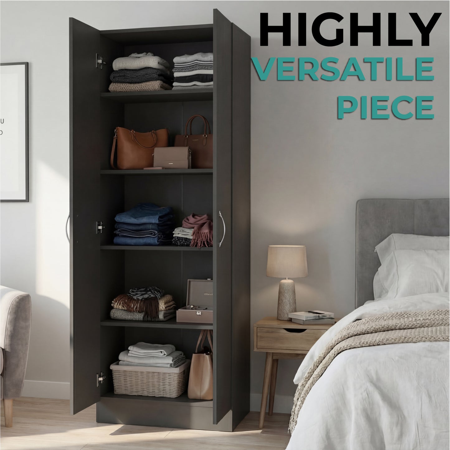 Tuhome Lambardi Tall Multistorage Cabinet with Double Door Design, Five Deep Interior Shelves, Freestanding Vertical Storage Solution for Kitchens, Laundry Rooms, Bedrooms or Utility Areas to Maximize Home Organization