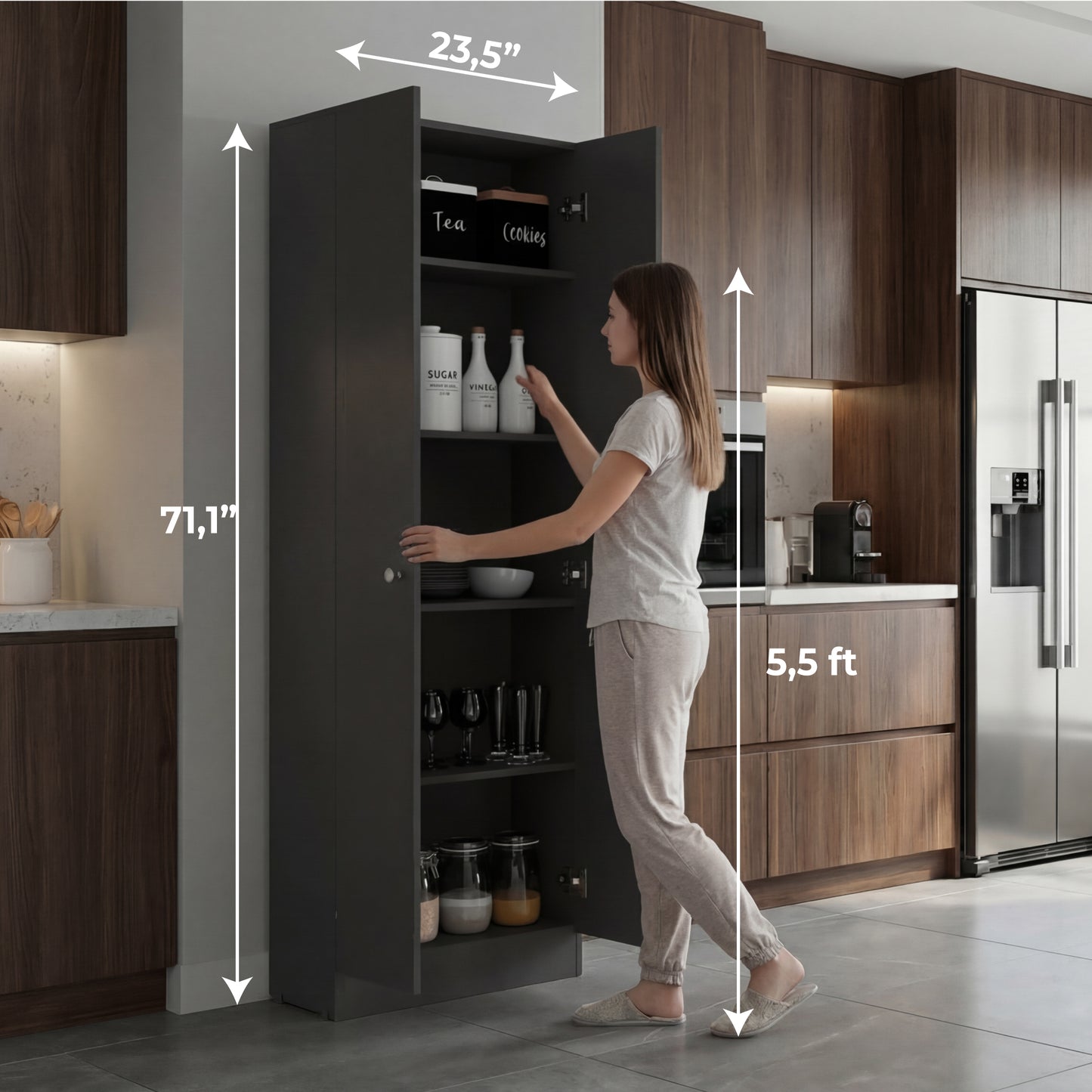 Tuhome Lambardi Tall Multistorage Cabinet with Double Door Design, Five Deep Interior Shelves, Freestanding Vertical Storage Solution for Kitchens, Laundry Rooms, Bedrooms or Utility Areas to Maximize Home Organization