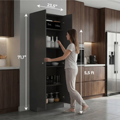 Tuhome Lambardi Tall Multistorage Cabinet with Double Door Design, Five Deep Interior Shelves, Freestanding Vertical Storage Solution for Kitchens, Laundry Rooms, Bedrooms or Utility Areas to Maximize Home Organization