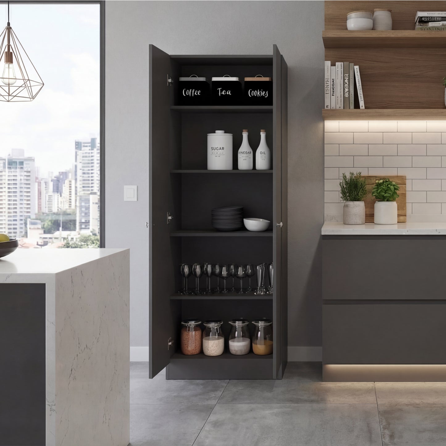 Tuhome Lambardi Tall Multistorage Cabinet with Double Door Design, Five Deep Interior Shelves, Freestanding Vertical Storage Solution for Kitchens, Laundry Rooms, Bedrooms or Utility Areas to Maximize Home Organization