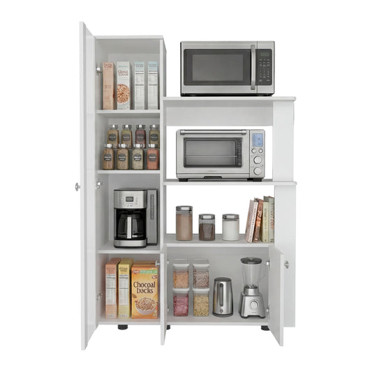 Aldan Multistorage Pantry with Glass Door Cabinet, 3 Open Shelves for Microwave Space and 2 Door Small Cabinet