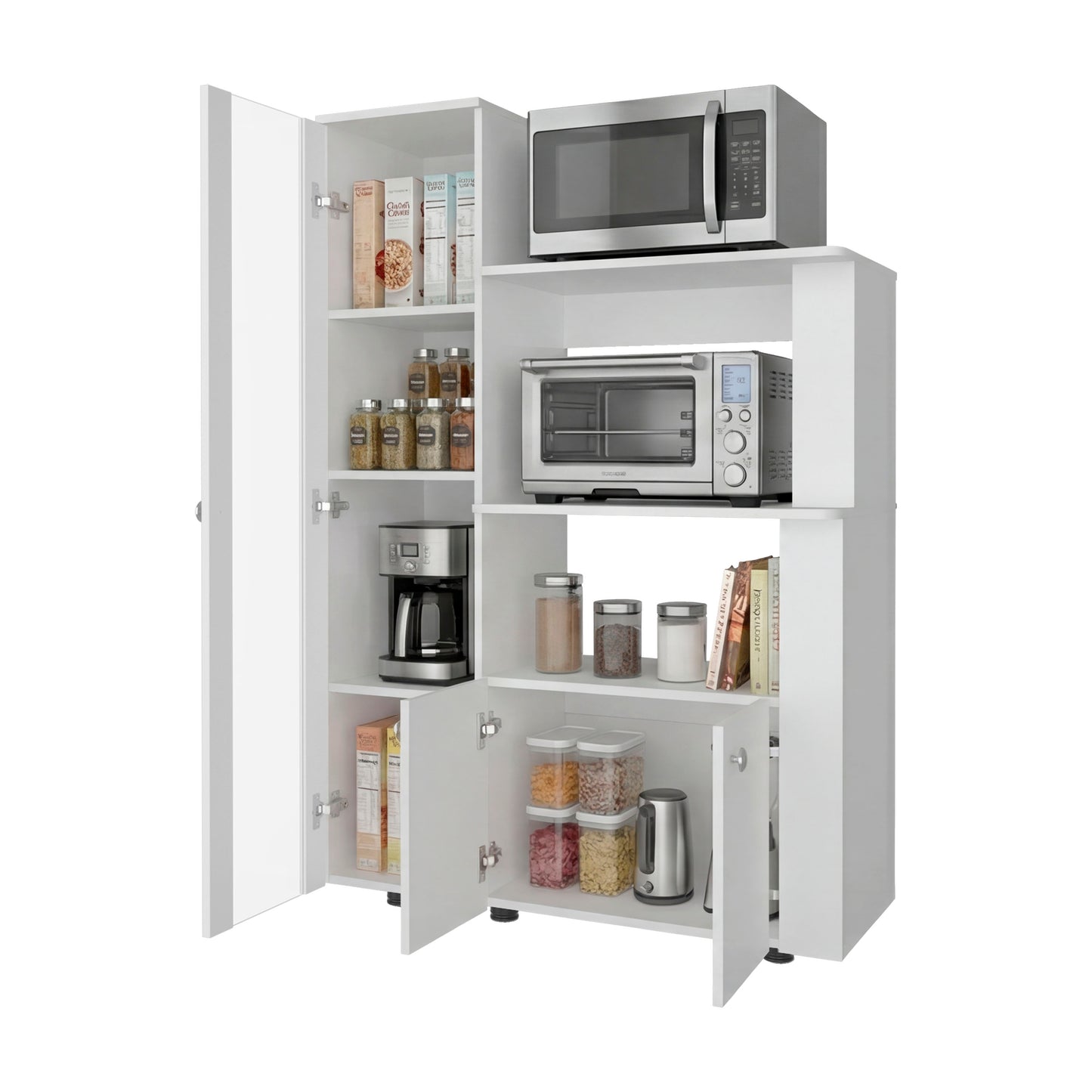 Aldan Multistorage Pantry with Glass Door Cabinet, 3 Open Shelves for Microwave Space and 2 Door Small Cabinet