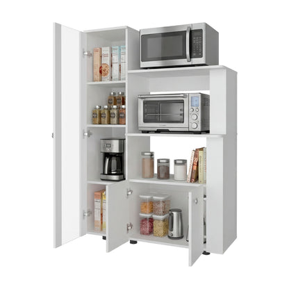 Aldan Multistorage Pantry with Glass Door Cabinet, 3 Open Shelves for Microwave Space and 2 Door Small Cabinet