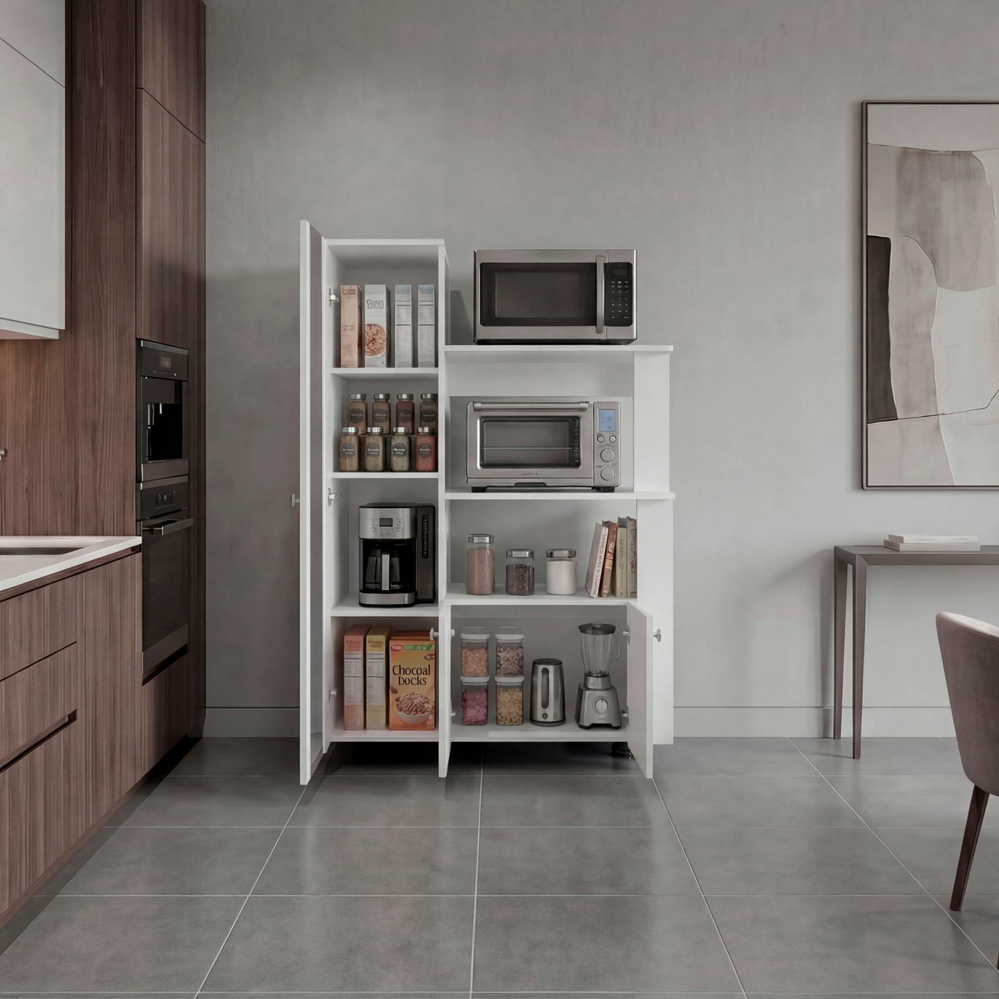 Aldan Multistorage Pantry with Glass Door Cabinet, 3 Open Shelves for Microwave Space and 2 Door Small Cabinet
