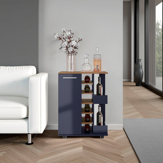 Bar Cart, Two External Shelves, Four Casters, Six Built-In Wine Rack, Single Door Cabinet