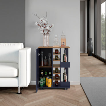 Bar Cart, Two External Shelves, Four Casters, Six Built-In Wine Rack, Single Door Cabinet