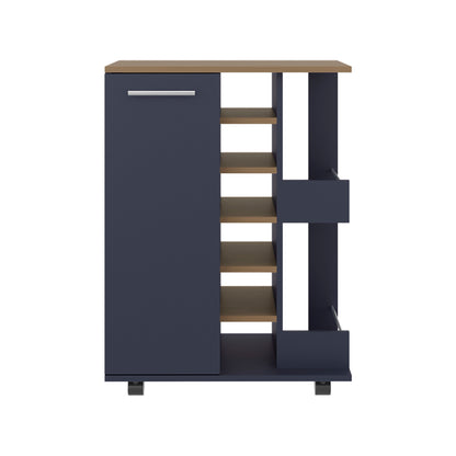 Bar Cart, Two External Shelves, Four Casters, Six Built-In Wine Rack, Single Door Cabinet